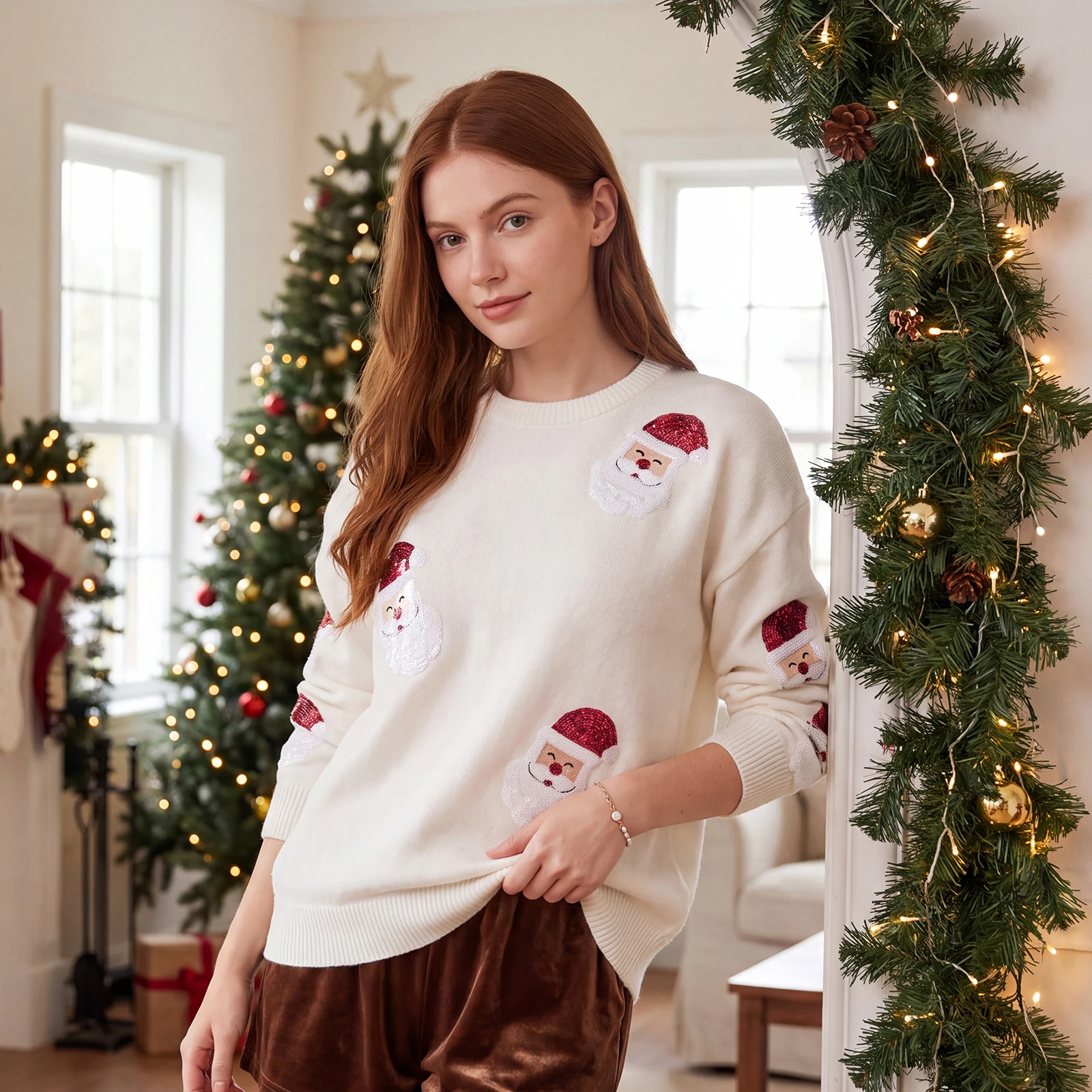 Womens Christmas Sweater Santa Crew Neck Long Sleeve Sequined Knitted Pullover Tops Loose Knitwear