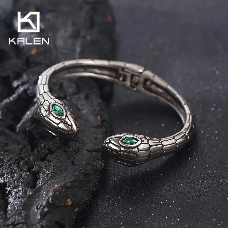 KALEN Trendy Zircon Eyes Snake Head Bangles For Men Gothic Stainless Steel Gold Color Bracelet Animal Party Jewelry Chunky Male