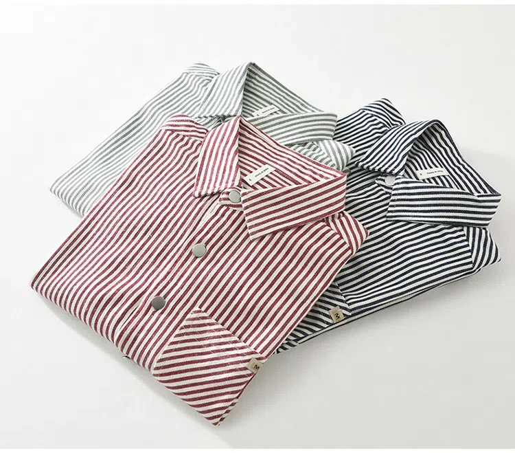 Japanese Fashion Striped Shirt Men Spring Fall 100% Cotton New in Shirts Daily Causal Long Sleeve Shirt with Pocket Comfort Tops