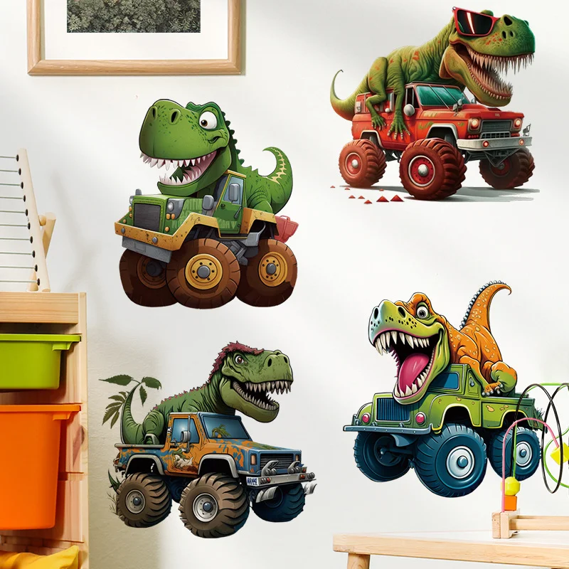 Cartoon Dinosaur Monster Truck Wall Stickers, 4Pcs T-Rex Off-Road Vehicle Kids Bedroom Decor