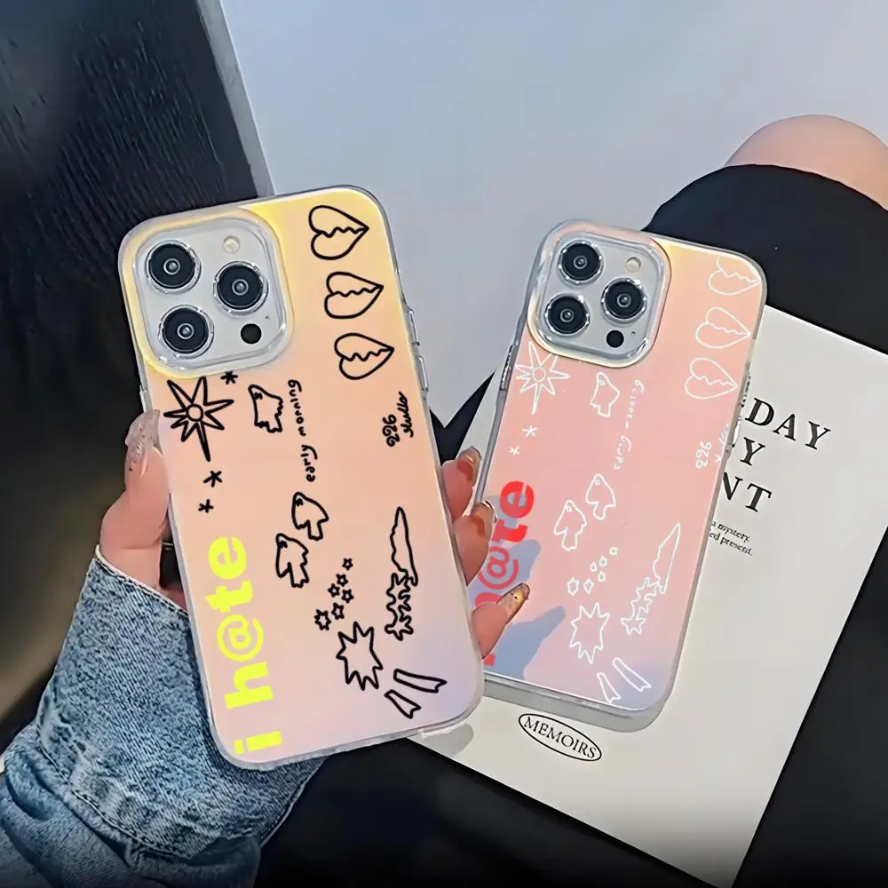 

Korean Ins Hand-drawn Doodle Electroplated Drip Glue Phone Case For iPhone 17 Air 16 Pro Max 15 14 Plus 13 12 11 Back Cover