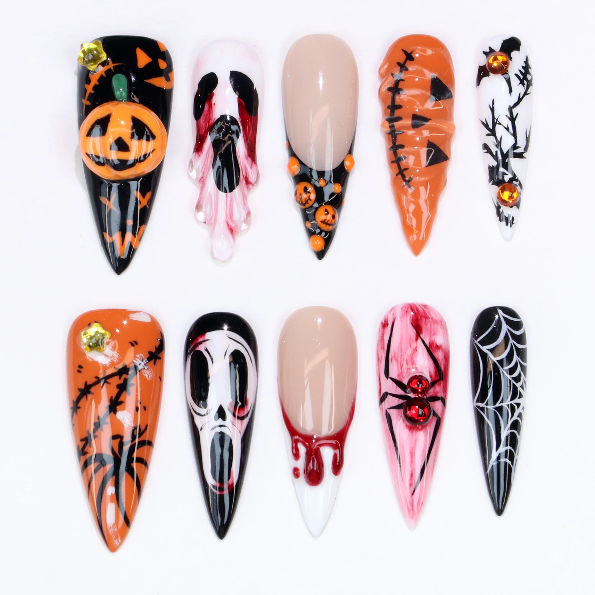 

10 шт., 3Dl, ручная работа, набор клейких пилочек для ногтей, акриловая поддельная ручная роспись, индивидуальный дизайн паука, набор клейких пилочек для ногтей ко Дню всех святых