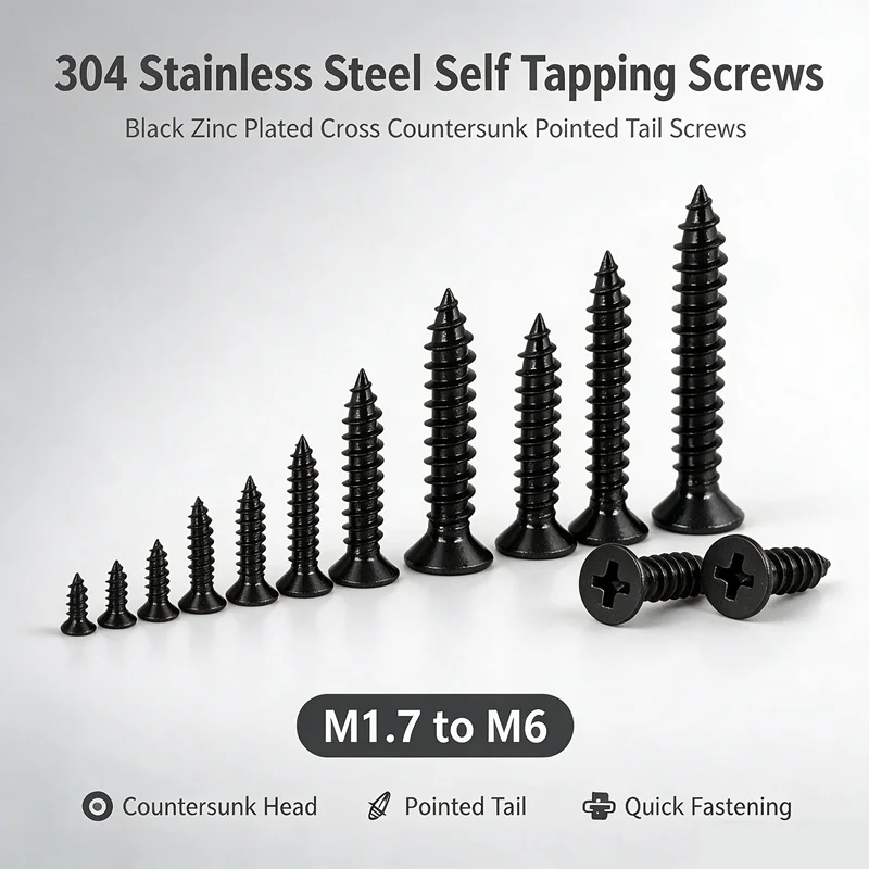 Hardware Self Tapping Fasteners 304 Stainless Steel Black Zinc Plated Cross Countersunk Pointed Tail Screws M1.7M2 M2.6M3 M4M5M6