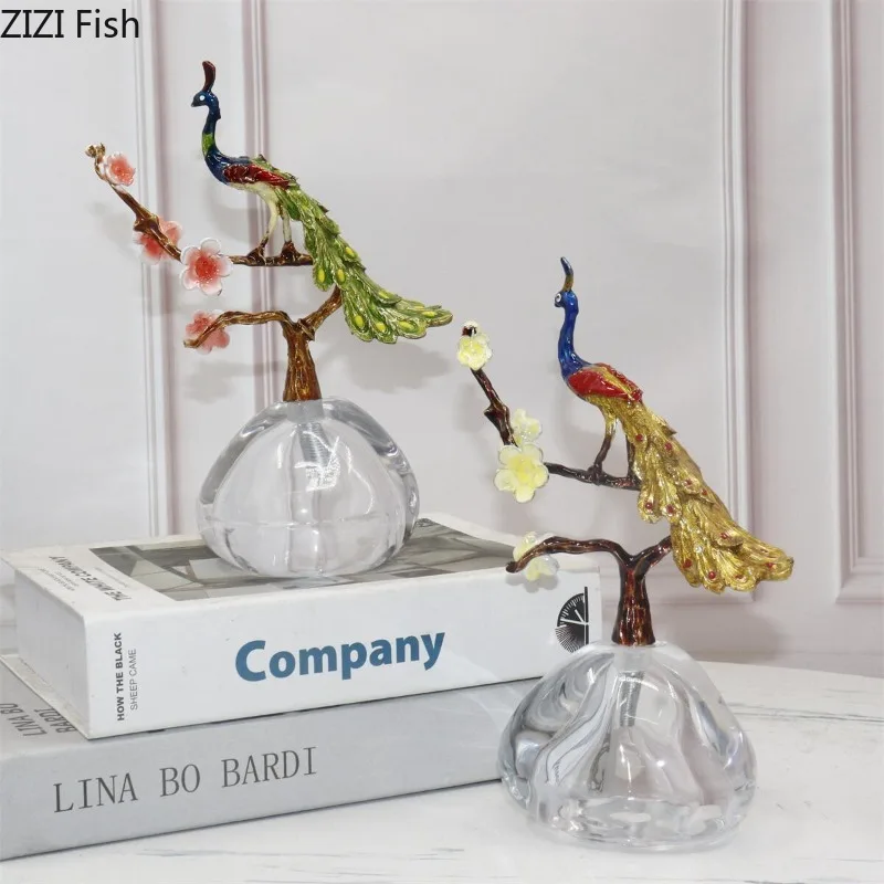Creative Alloy Peacock Sculpture Crystal Base Metal Animal Ornament Art Exhibition Statue Decoration Crafts Room Aesthetic Decor