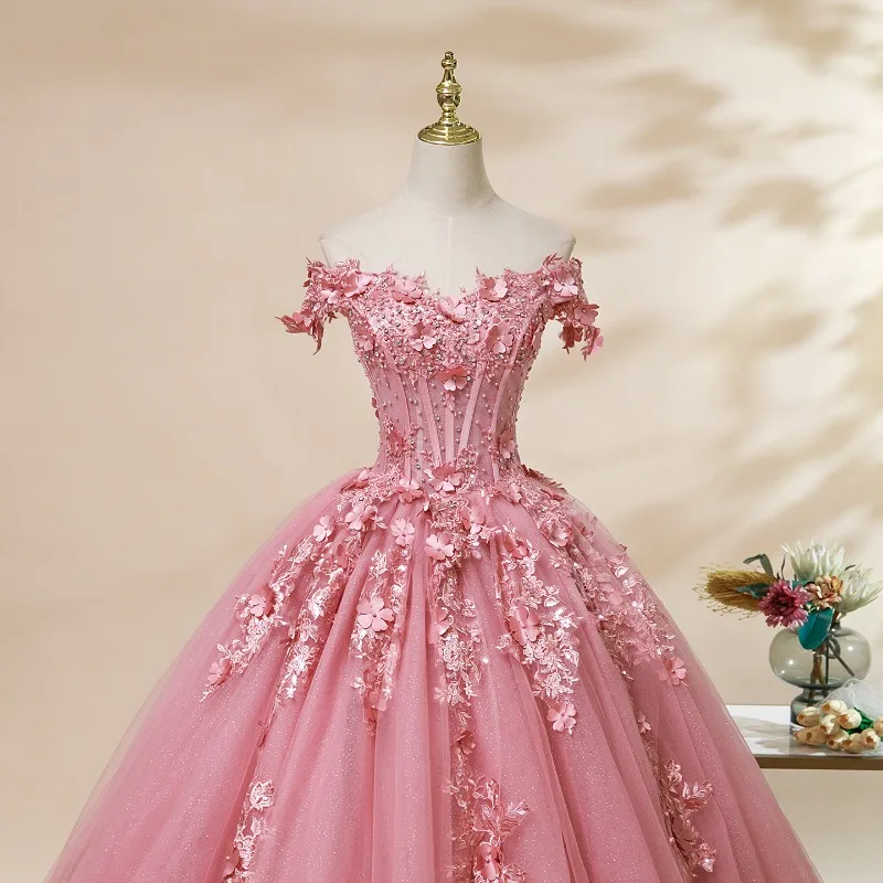 Off Shoulder Evening Dress 3D Floral Heavy Beaded Gown for Wedding Stage Performance Prom Party Custom Formal Wear for Women