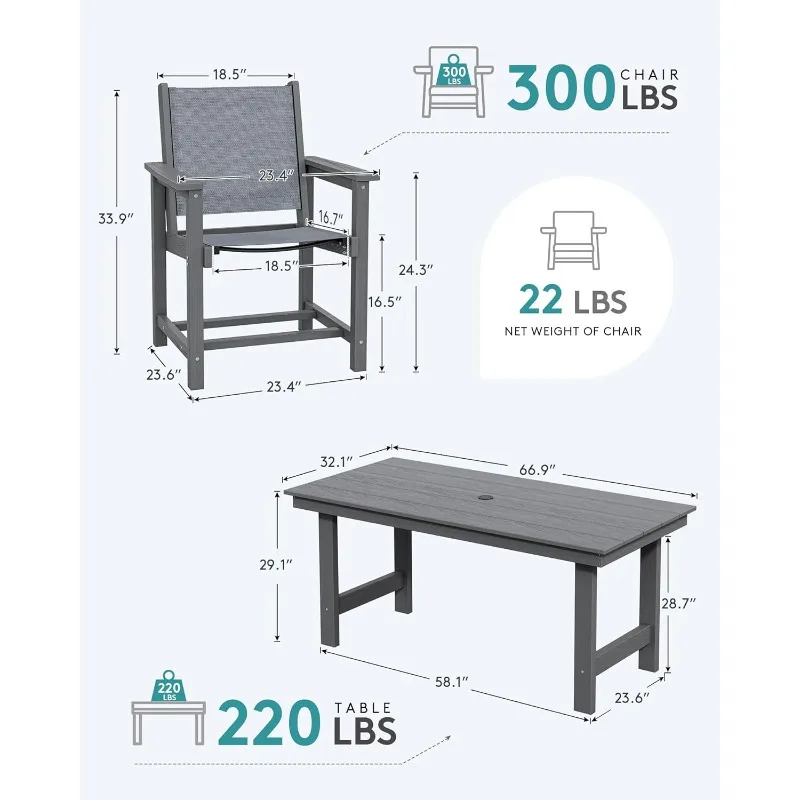 7-piece outdoor dining set for 6 people, comes with 1 rectangular table with umbrella hole and 6 chairs