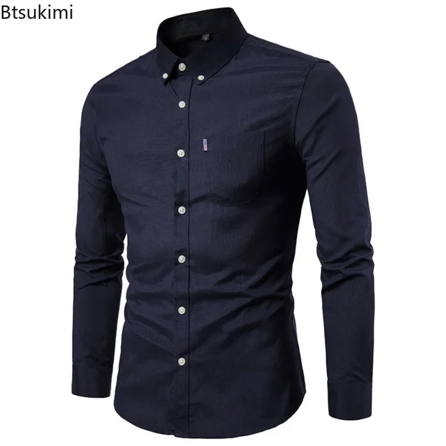 2025 Oxford Cotton Shirt Men Solid Casual Slim Fit Stand Collar Mens Formal Dress Shirts Long Sleeve Party Shirts Male Camisetas