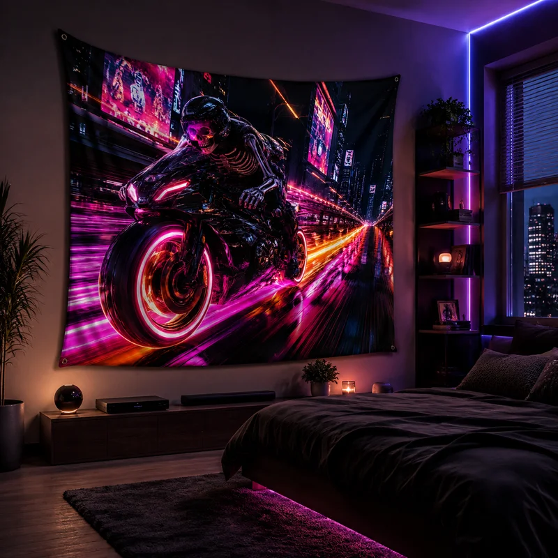 VIKAMA Cyberpunk Motorcycle Tapestry, Neon Racing Car Wall Hanging for the Living Room Decoration, Home Decoration