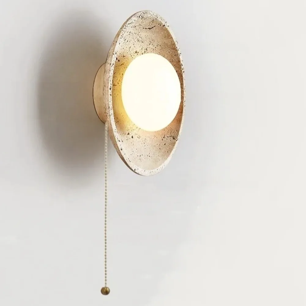 White Glass LED Wall Lights Wood Base Bar Restaurant Pull Chain Switch Yellow Travertine Nordic Modern Room Decor Wall Lamp