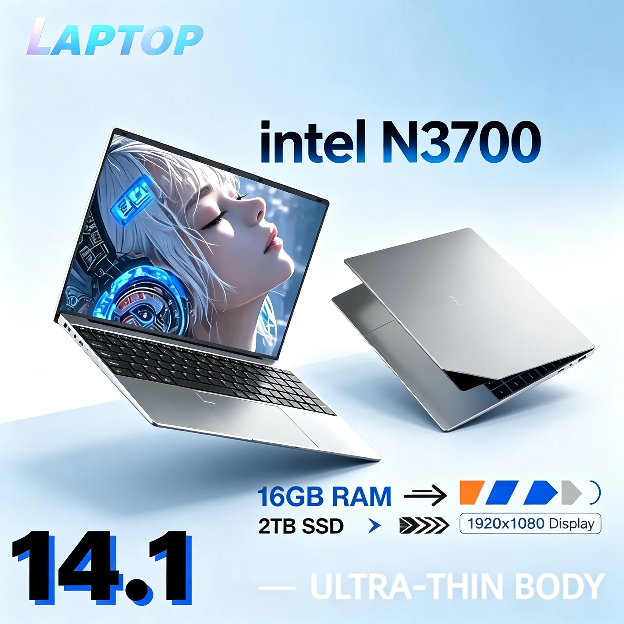 Intel N3700 14.1" Ultra Slim Notebook Gamer, 16GB RAM, 2TB SSD, 1920x1080 Display, Laptop Computer PC for Office & Study.