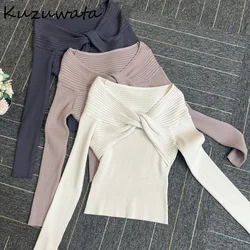 Kuzuwata Slash Neck Sweet Elegant Long Sleeve Jumper Fresh Fashion Tie A Knot Solid Stripe Sweaters Japan New Temperament Tops