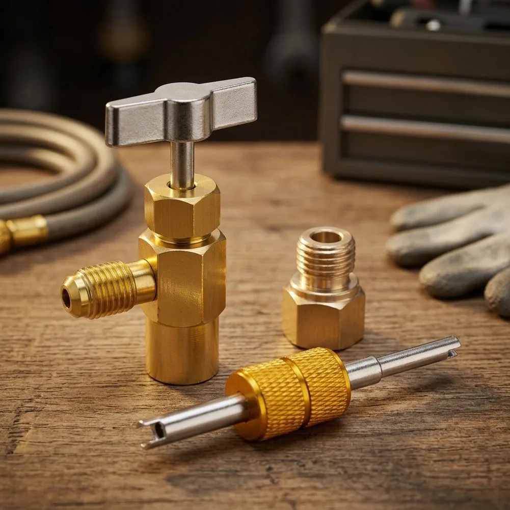 Brass Refrigerant Can Tap Valve Kit With Adapter And Wrench For Car AC For Air Conditioning Charging Tool Automotive Repair