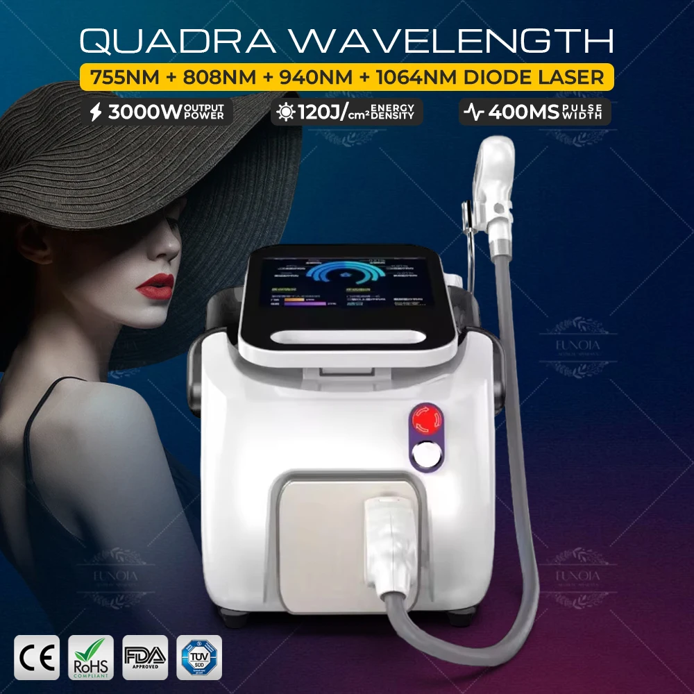 

Portable Diode Laser SHR Hair Removal Machine 755 808 940 1064 Quadra Wavelength Ice Cooling Depilation Freezing Point Epilator