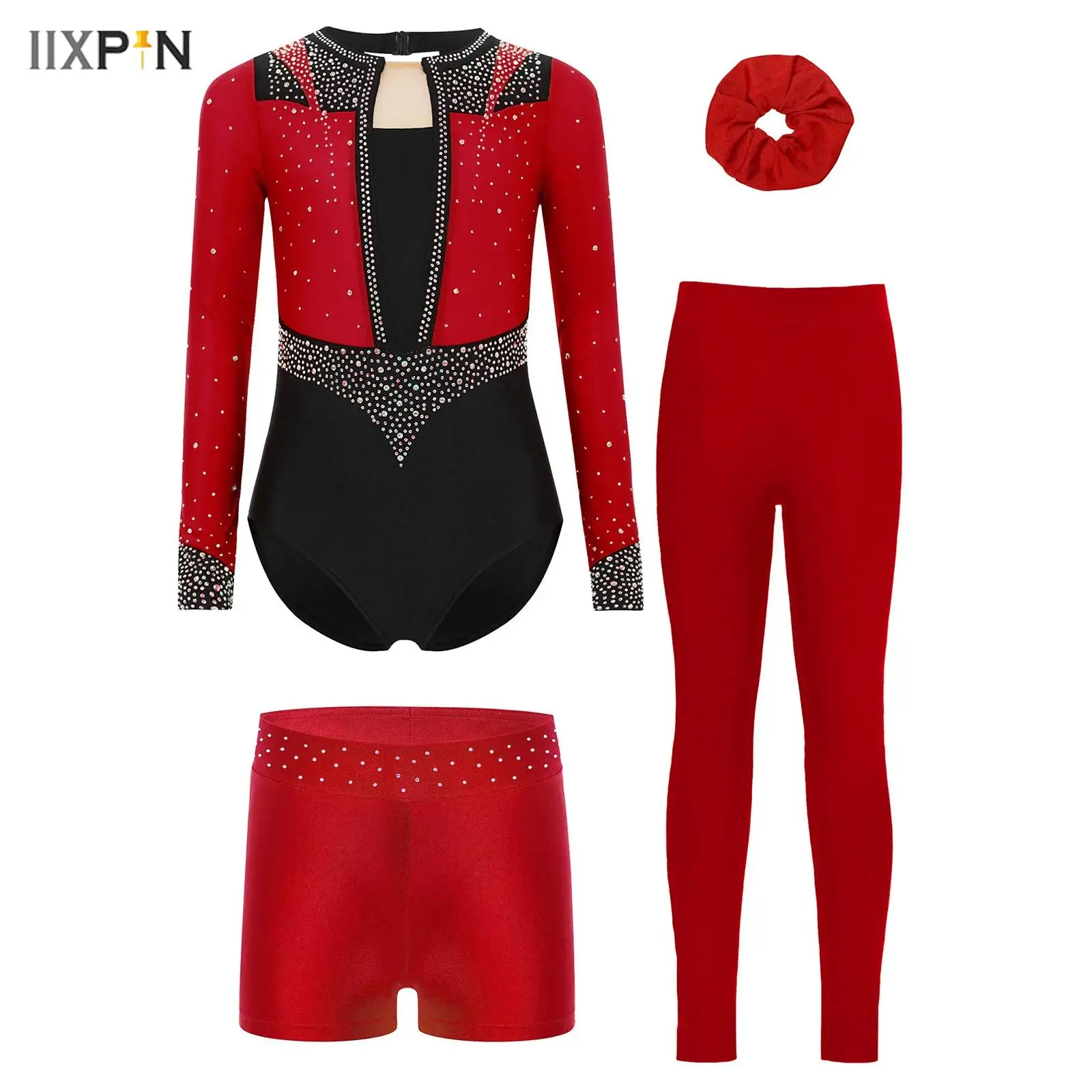 

4Pcs Kids Girls Gymnastics Figure Skating Outfit Long Sleeve Keyhole Back Sparkly Rhinestones Leotard+Shorts+Leggings+Hairband