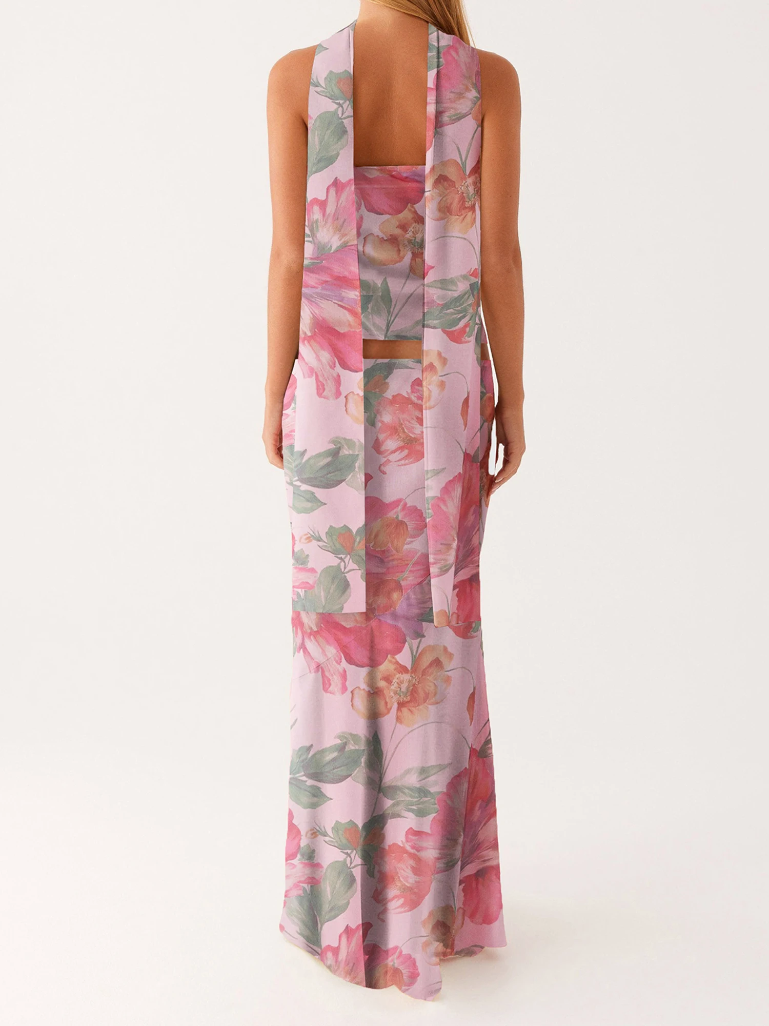 

Elegant Two-Piece Set Off-Shoulder Crop Top with High-Waisted Maxi Skirt and Matching Scarf Perfect for Summer Events