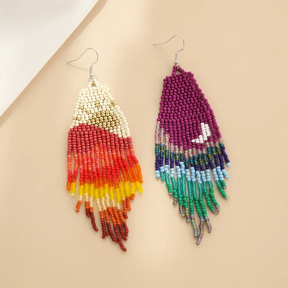 

2025 Handmade Boho Beaded Earrings Tassel Astral Sun And Moon Symmetry View Hand Knitting Bohemia Beaded Earrings forWomen
