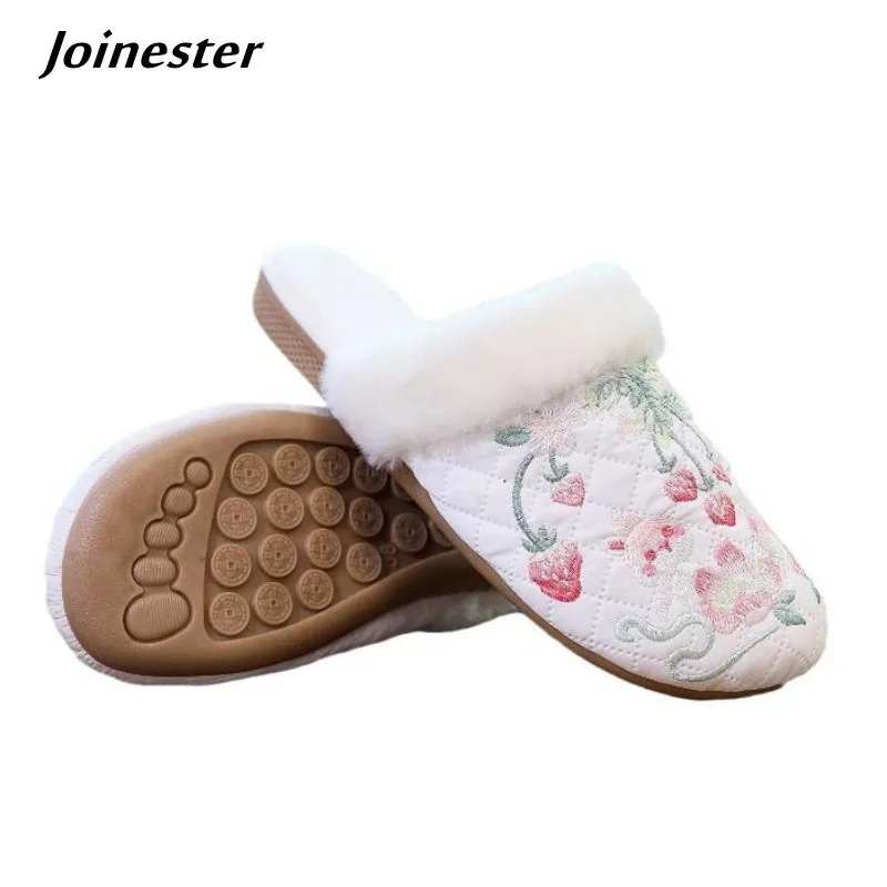 

Ladies Winter Embroidered Plush Slipper Closed Round Toe Ethnic Style Vintage Mules for Women Home Outdoor Flat Heeled Shoe