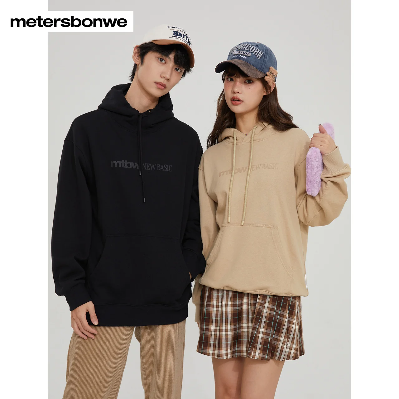 

Metersbonwe-Men's Women's Knit Hooded Sweatshirt Fleese-Lined Hoodie Same Color Print Pullover Couple Casual Spring Autumn