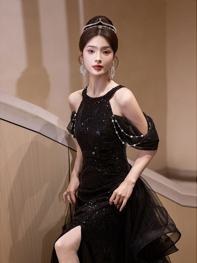 

Ele Bla Evening Gown for Women Korean Sle Wedding Par Ball Host High Waist Floor Length Sequin Detailing