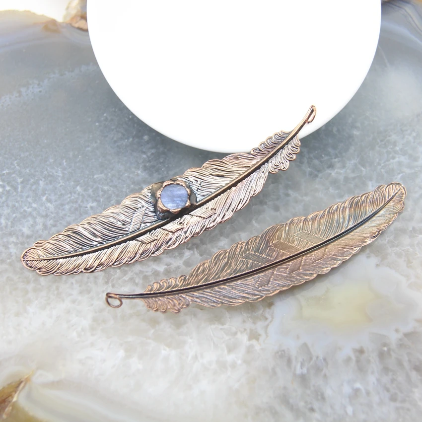 Soldered Bronze Kyanite Feather Pendant,Bohemia Antique Copper Inlay Blue Quartz Charms Viintage Retro Necklace Jewelry Making