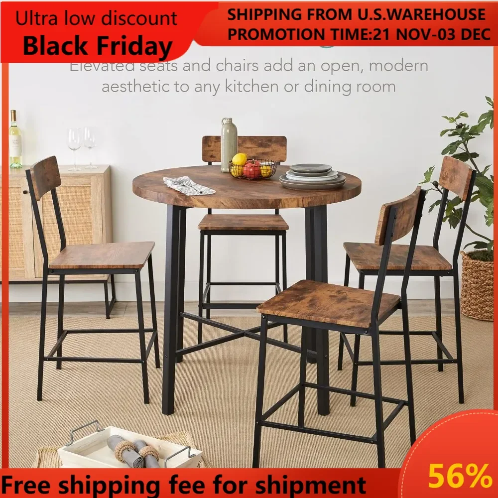 5-Piece 35.5in Modern Round Counter Height Dining Set for Home Kitchen, Dining Room w/ 4 Chairs, 1.5in Thick Table dinning table