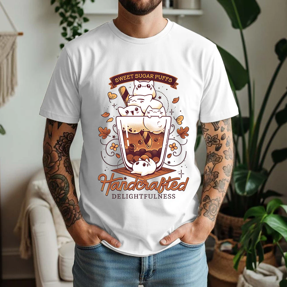 Camiseta Oversize de Verano 2026 para Hombre con Gráfico de Gato Sweet Sugar Puffs, 100% Algodón, Estilo Retro Panadería, Manga Corta