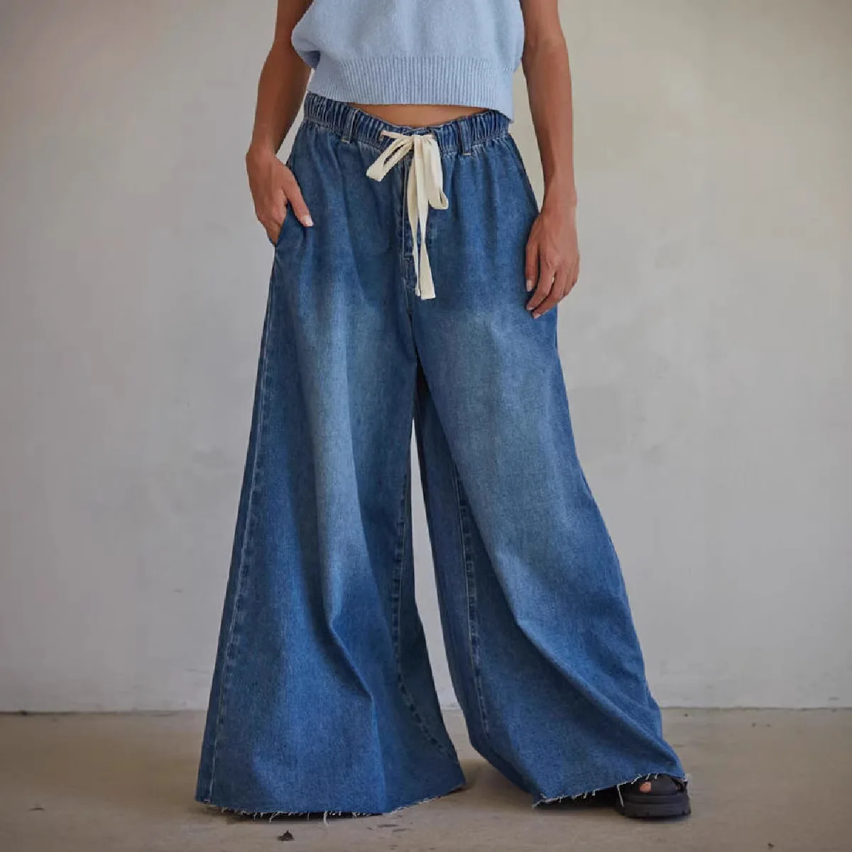 

Denim Pant Women Jeans Vintage Wide Leg Floor Length Pants Elastic Waist Straight Trousers Y2k Streetwear Elegant Work Casual