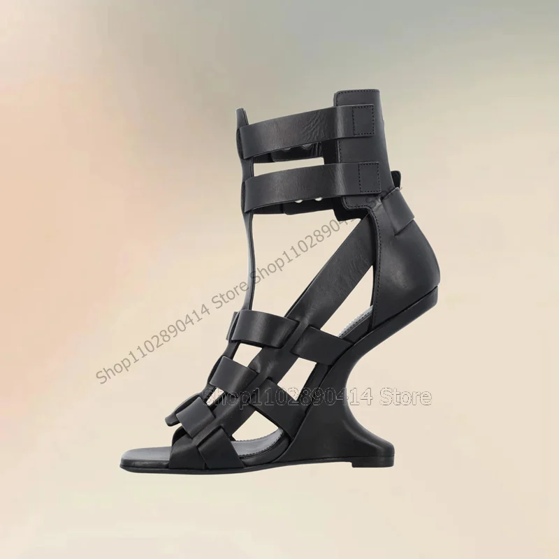 Black Hollow Design Strange Style Heels Open Toe Sandals Ankle Buckle Strap Women Shoes Novel Fashion 2023 Zapatos Para Mujere