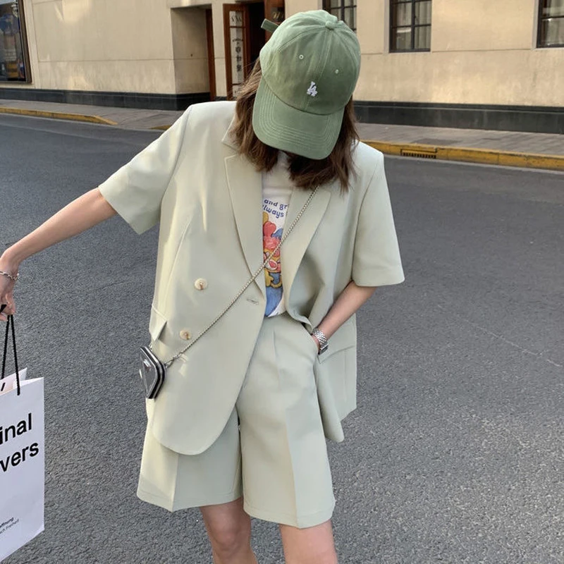 Summer Casual Blazer Two Piece Set Womens Office Unlined Coat Tracksuit Baggy Shorts Suit Korean Elegant Chic Formal  Outfit New