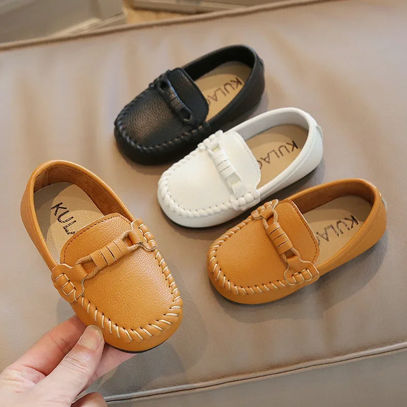 Boys Leather Shoes Black White for School Party Wedding Kids Formal Flats Loafers Slip-on Soft Loafers Children Moccasins 21-30