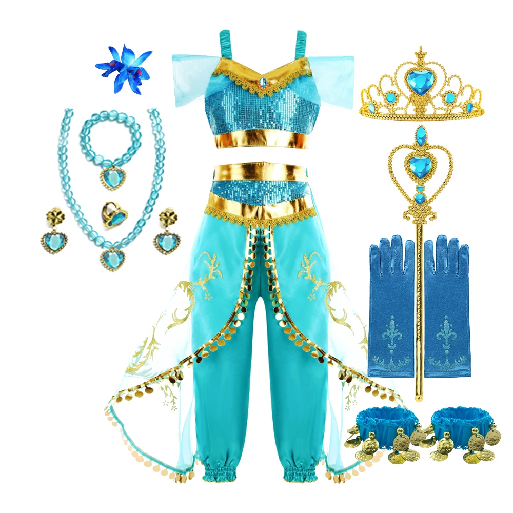

Kids Arabian Dress Girls Princess Halloween Jasmine Costume Children Carnival Cosplay Party Disguise Girl Sequins Pageant Outfit