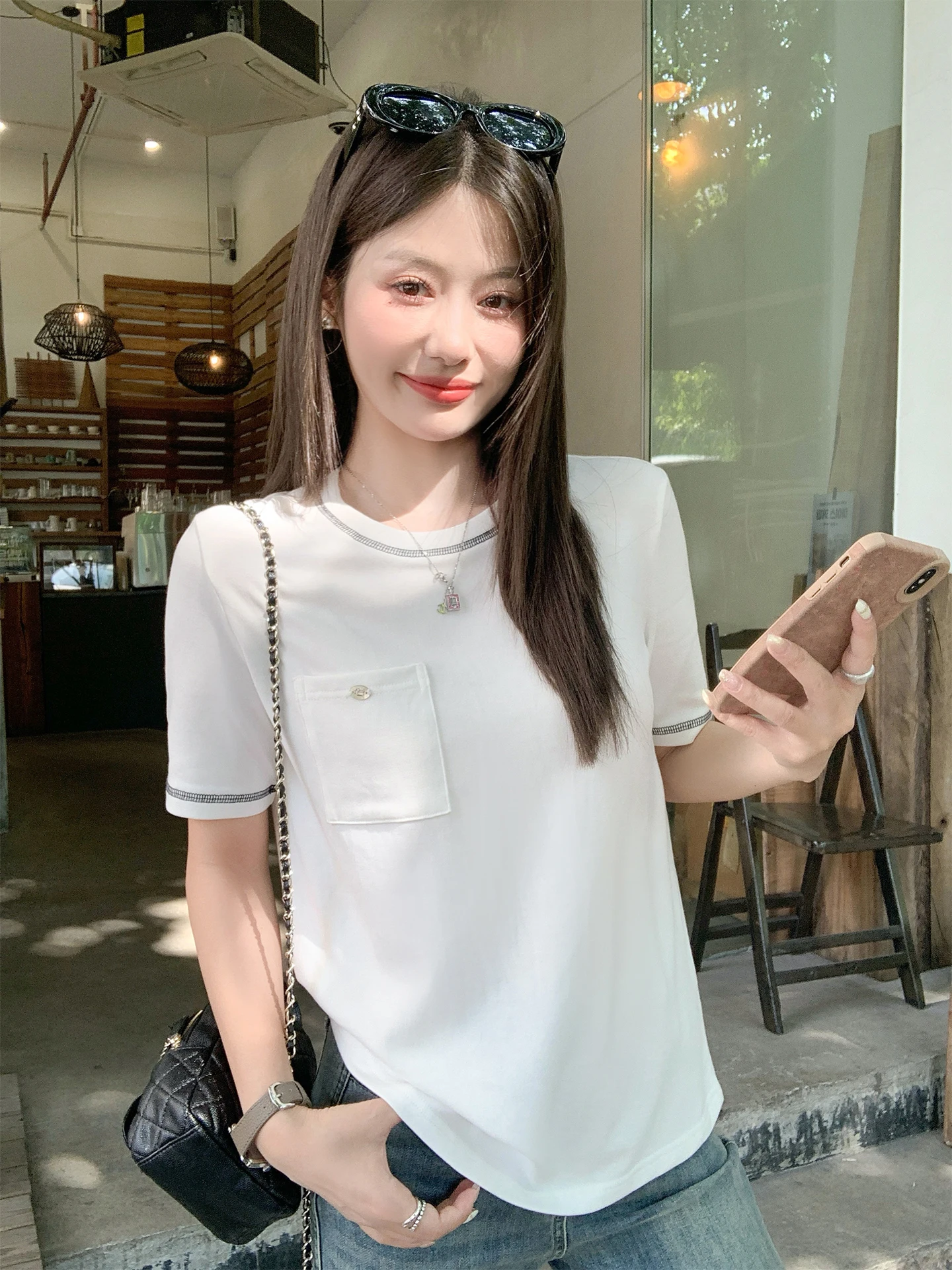 

Loose ort Sve round Ne T-irt Women's Korean Sle Summer Slimming Top New Spring Inner Wear Comfortable Breathable