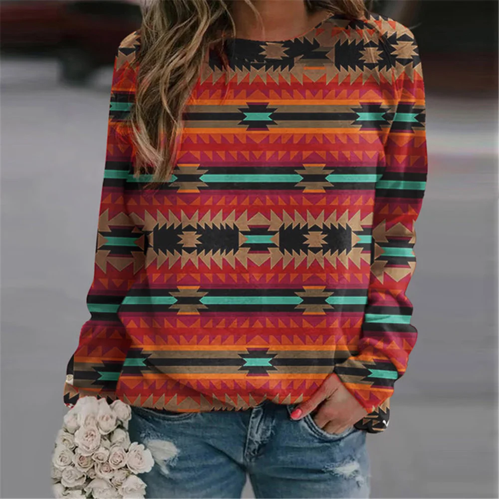 Western Aztec Ethnic Sweatshirts Hoodies Long Sleeve Geometric Printed Crew Neck Pullover Autumn Loose Tees for Women Blouse