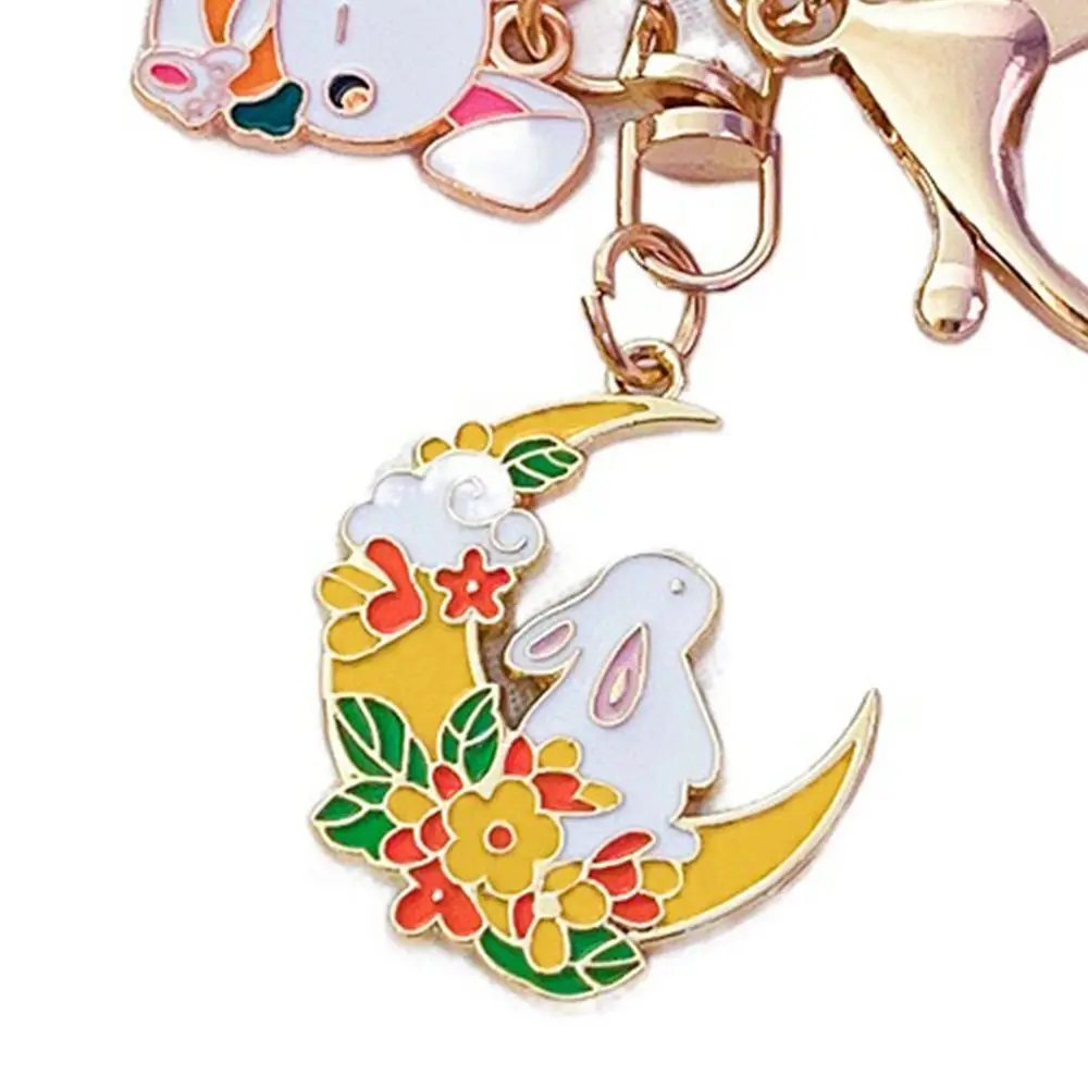 Metal Cherry Blossom Rabbit Keychain Chinese Style Moon Flower Rabbit Pendant Round Rabbit Shaped DIY Jewelry