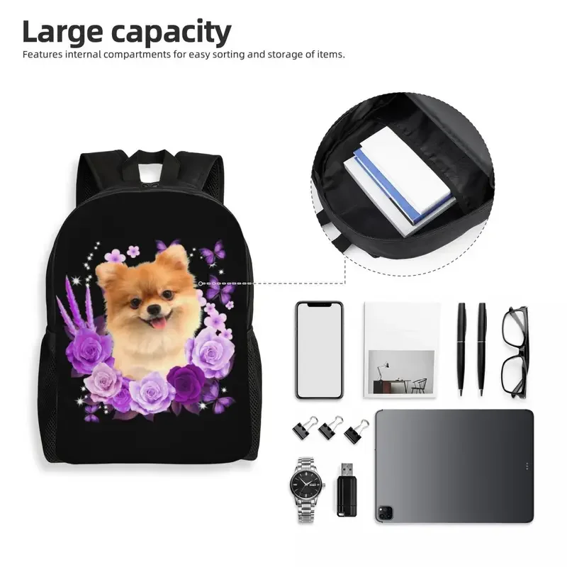 Mochila impermeável para homens e mulheres, Cão Pomeranian com flor rosa, Bolsa de escola universitária, Puppy Pet Bag, Estantes de impressão