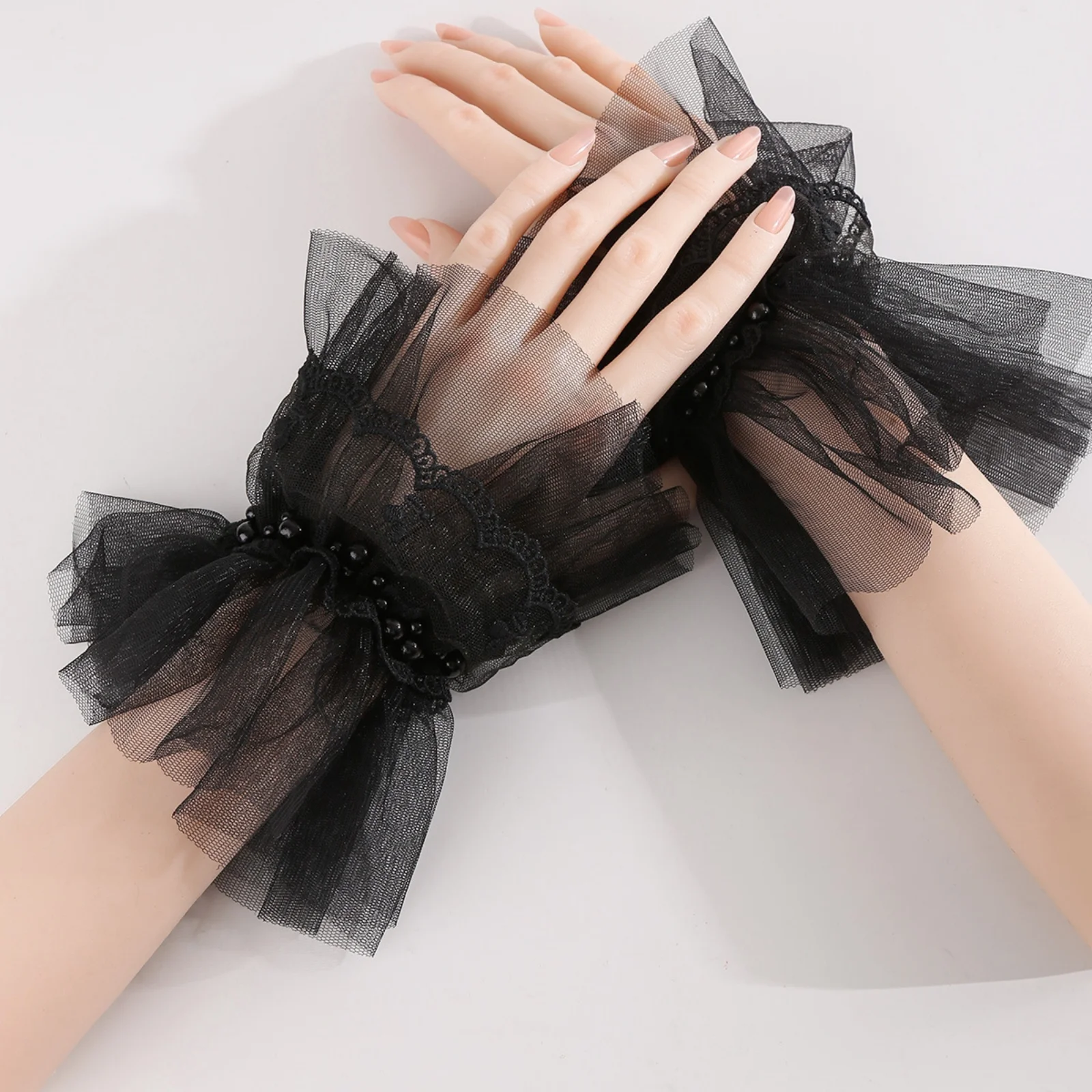 2PCS Elegant and dreamy lace short wedding gloves with tulle and pearls,short lace-trimmed gloves sleeves for Valentine's DAY