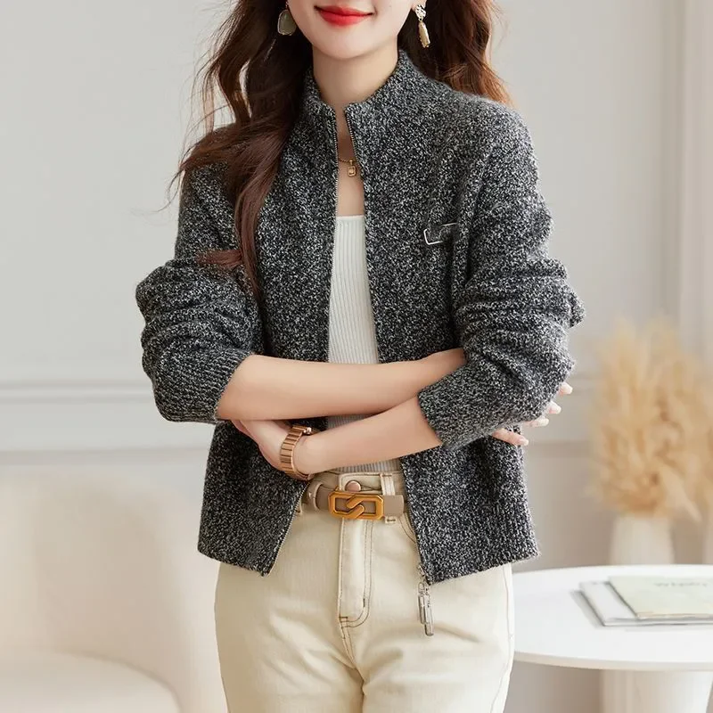 

Vintage Vertical Collar Zipper Sweater Coat Women Outer Wear 2026 Autumn Winter New Chic Loose Long Sleeve Knitted Cardigan Tops