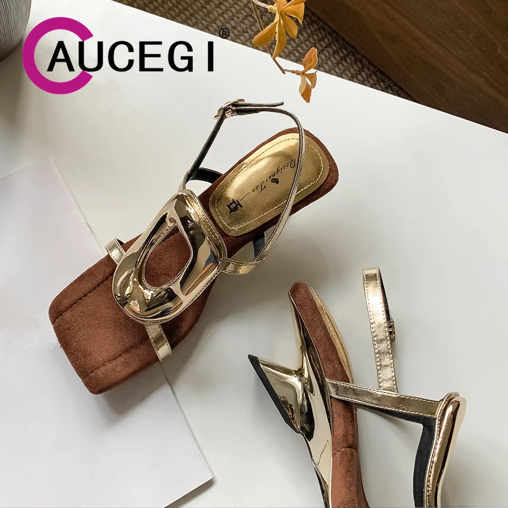 

Aucegi Women Summer New Special-shaped Heel Square Toe Slingbacks Sandals Casual Fashion Buckle Wedding Party Handmade Shoes