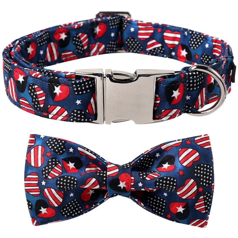 Unique Style Paws American Flag Dog Collar with Bow tie, Patriotic Bowtie Collar for Puppy Girl Boy Dog