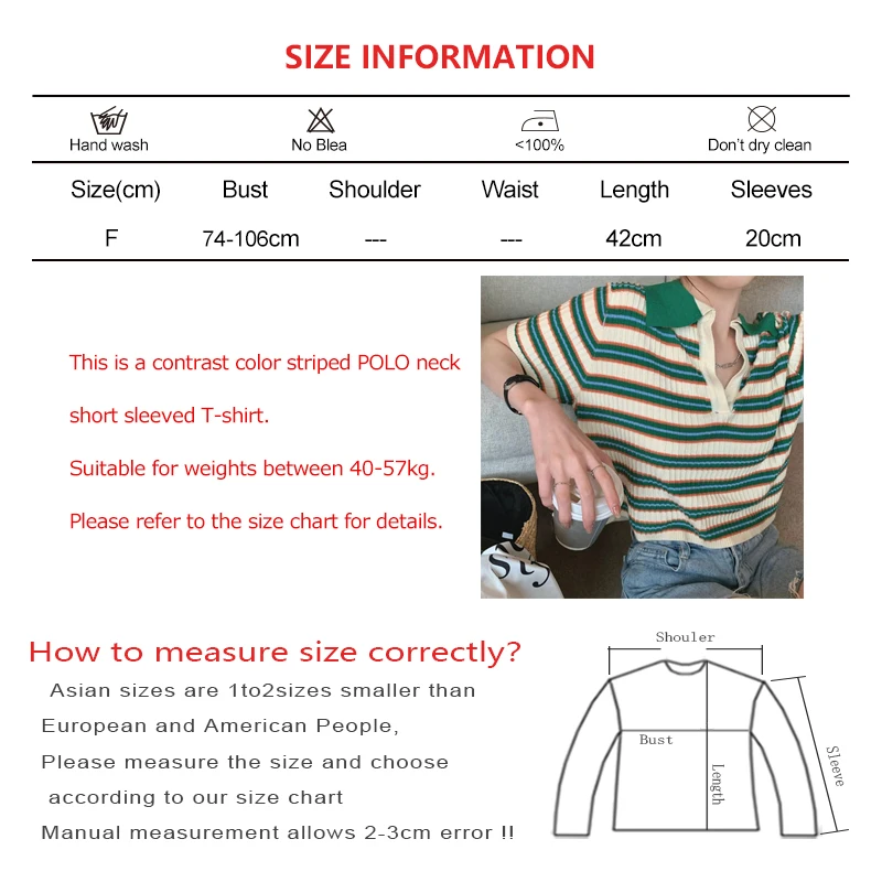 Women Summer Casual Green Striped T-shirt POLO Collar Thin Short Sleeved Crop Tops Vintage Loose Bottom Shirt Stretchy Knit Tees