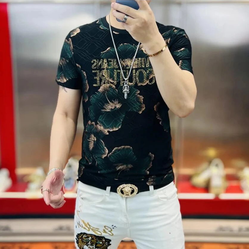 Summer Men\'s Gilded Jacquard T-shirt Fashion Short Sleeve Slim Fit Casual T-shirt Round Neck Business Social Streetwear Tee Tops