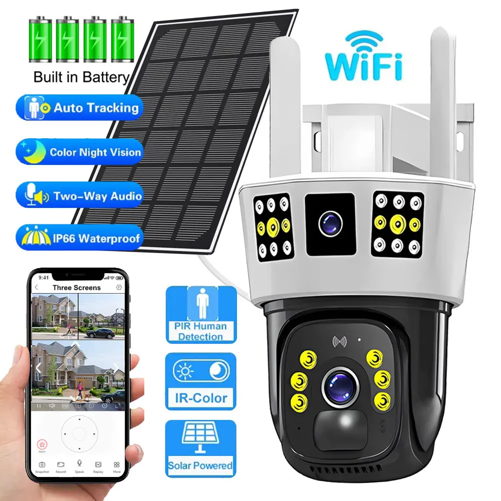 

Cámara Solar IP para exteriores, videocámara de vigilancia de baja potencia, 6K, 12MP, PTZ, WiFi, IP66, resistente al agua, V380