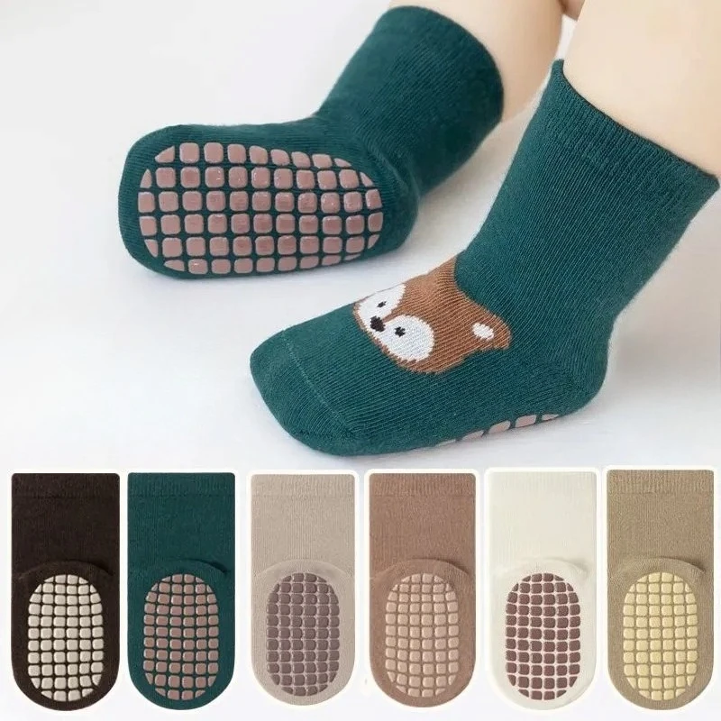 6 Paar Frühling Herbst Neue Kinder Rutschfeste Socken Cartoon Fuchs und Bär Niedliches Muster Kinder Jungen Mädchen Baby Bodensocken Bequem
