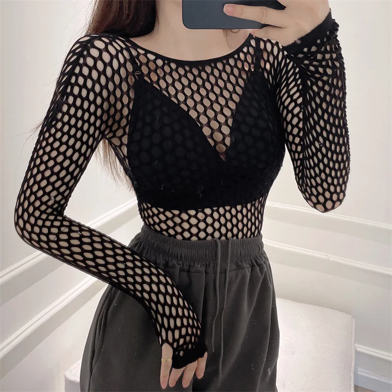 Gothic Sexy Black Fishnet Mesh See Through T-Shirt Women Skinny Goth Hollow Out Long Sleeve Shirts Crop Top Tee Shirt Streetwear