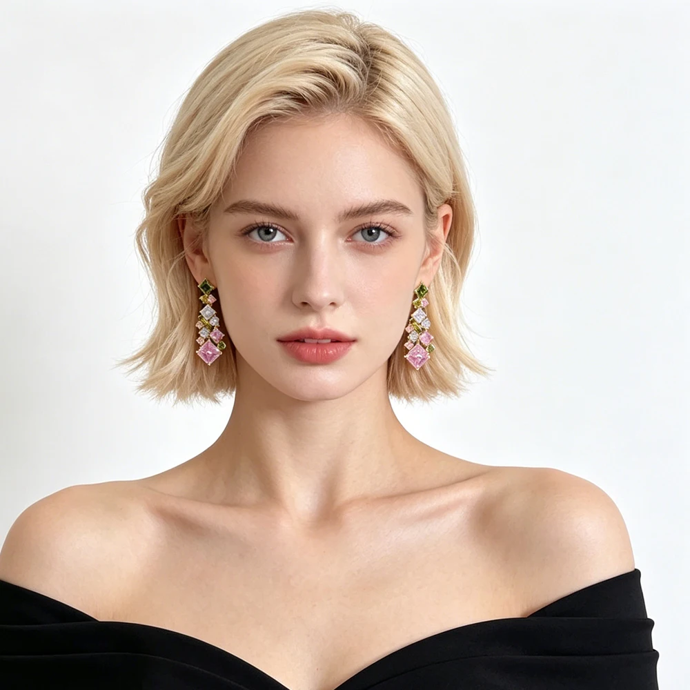 

Luxury Colored Gem Geometric Square Earrings for Women Multicolor Zircon Drop Dangle Earrings Charm Jewelry Personality Gifts