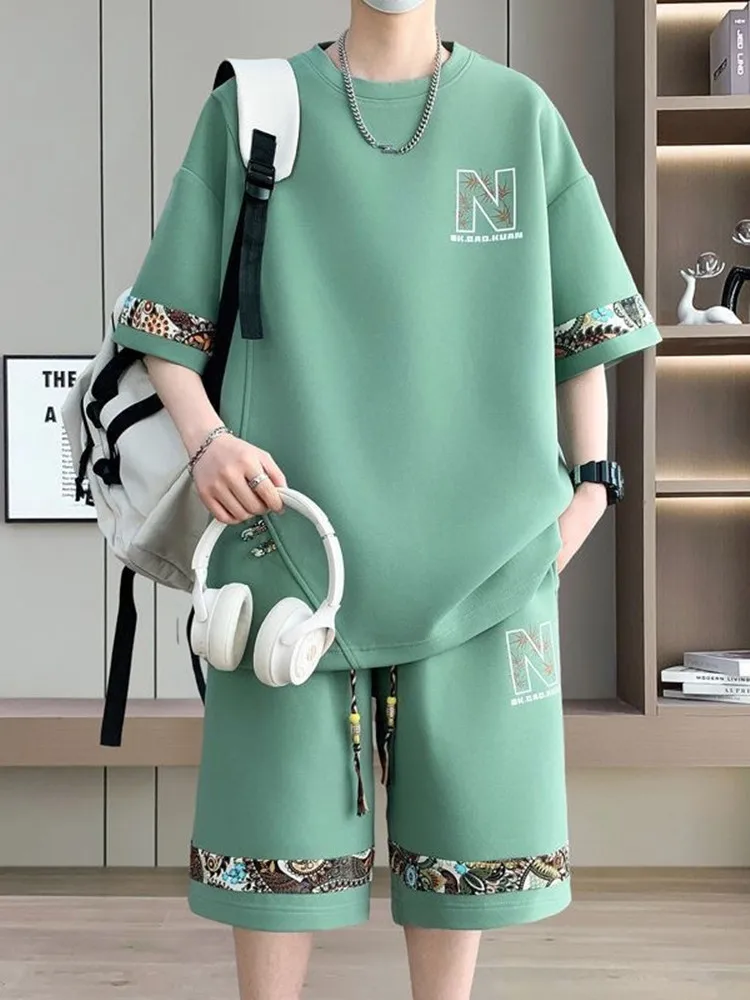 Summer New Fashion Trend Printed Short-Sleeved T-shirt Set Men's Loose Sport Breathable Large Size High-Grade Two-Piece Set