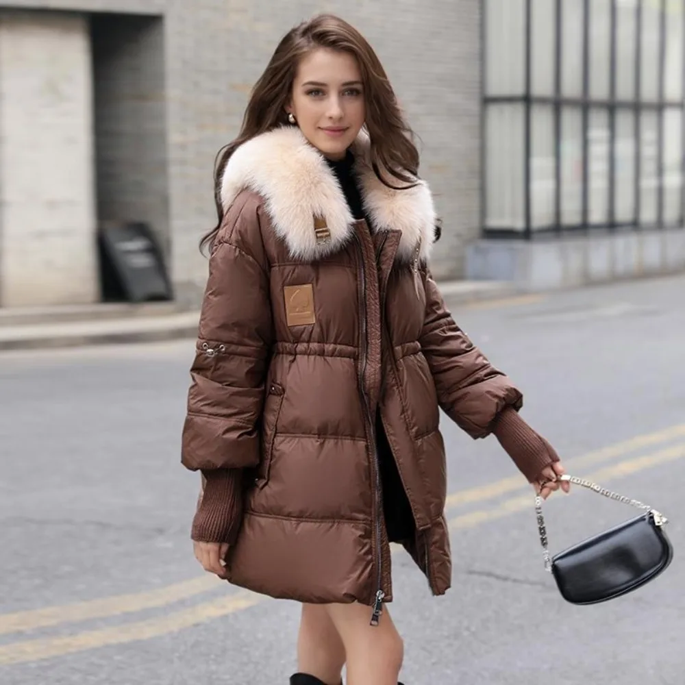 2024 New Women Winter White Goose Down Coats Ladies Real Fox Fur Collar Down Jackets Female Loose Warm Outerwear