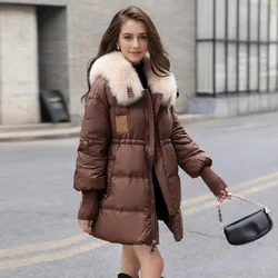 2024 New Women Winter White Goose Down Coats Ladies Real Fox Fur Collar Down Jackets Female Loose Warm Outerwear