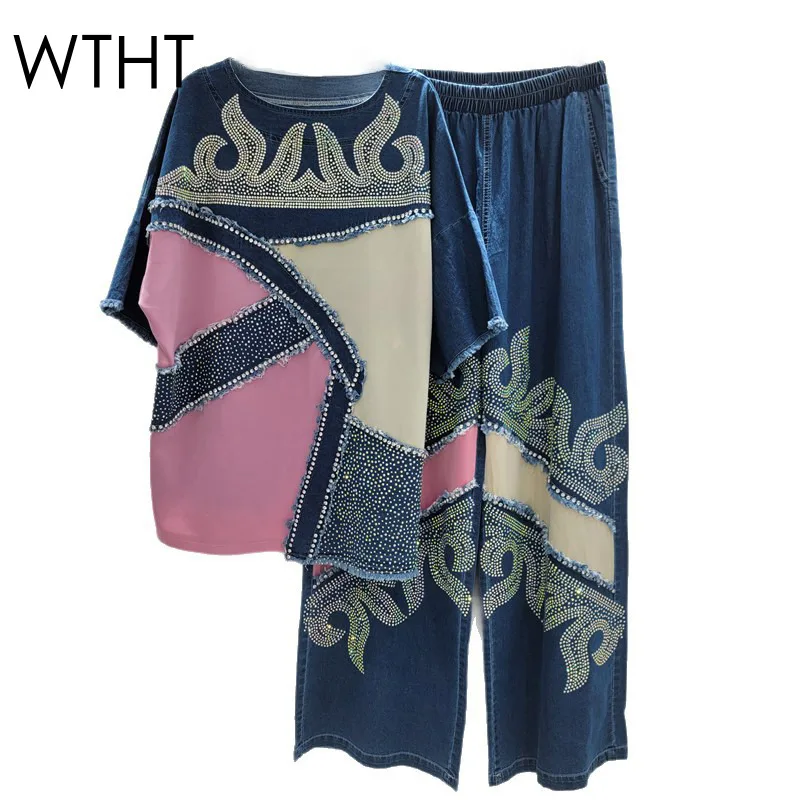 

WTHT Fashion Women Contrast Color Spliced Diamonds Short Sleeves T-shirt Elastic Waist Straight Jeans Female 2026 Spring 1LS2977