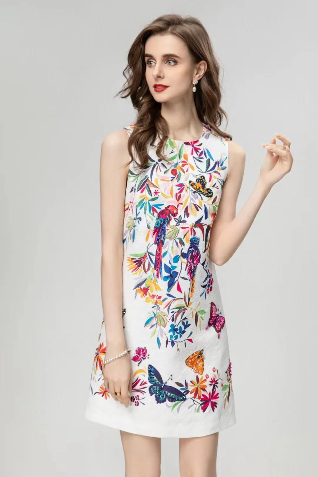 

Summer women's Sleeveless Jacquard Crystal Diamond Floral-Print Dress High Street White Tank High quality Dresses